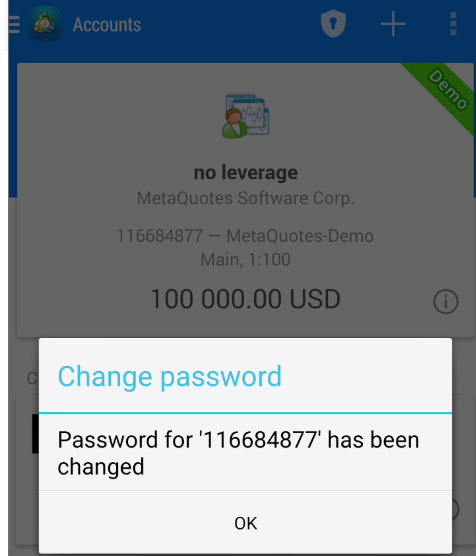 MT4 android password changed confirmation